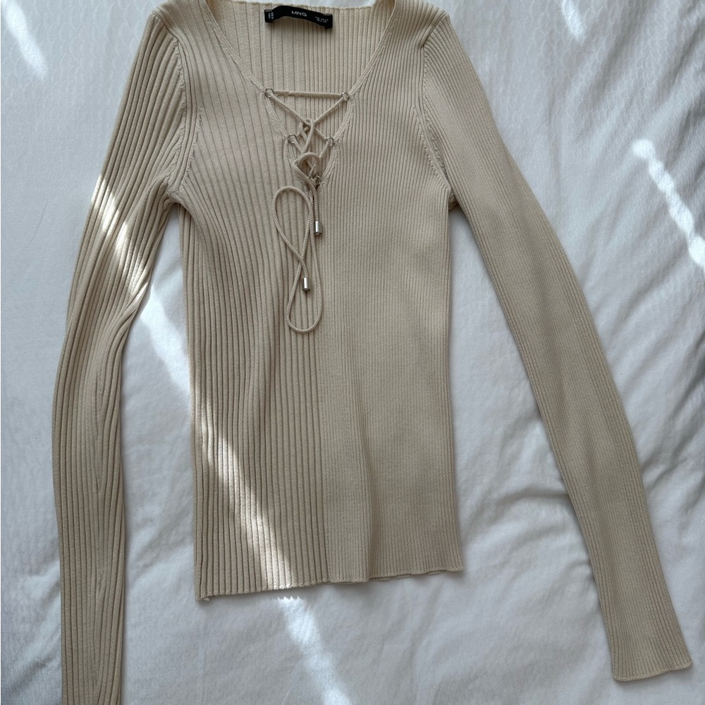 Mango Beige Ribbed Lace-Up Knit Top